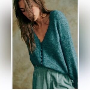 Sezane Melina Cardigan Sage / Teal V-Neck Sweater
